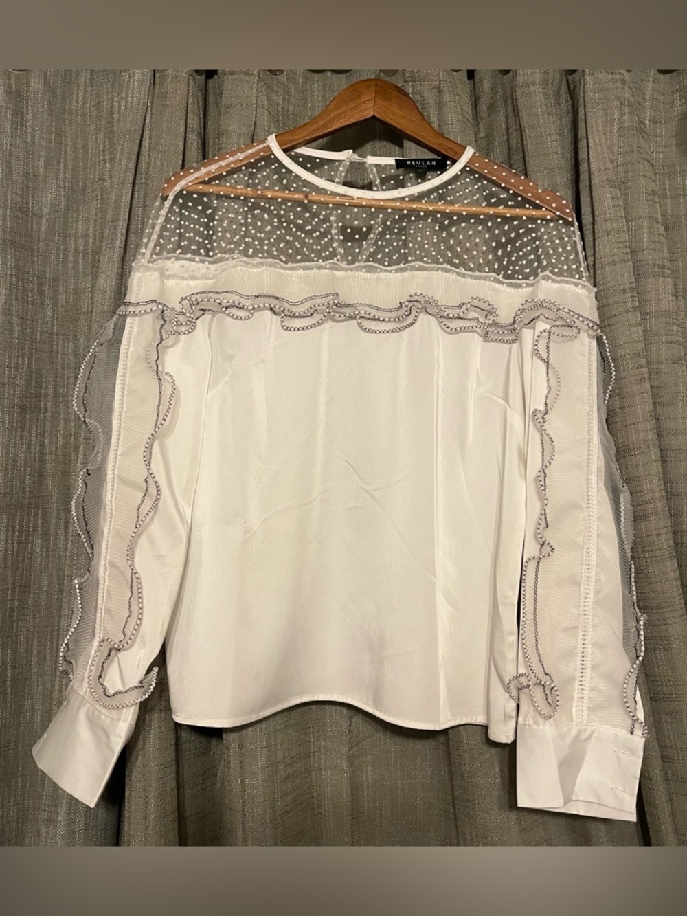 Beulah Style Women’s White Blouse with Polka-Dot Yoke and Ruffle Detail Size LG